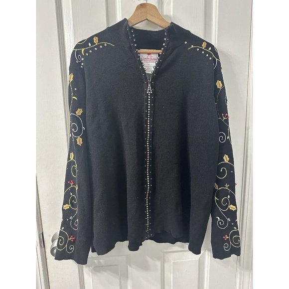 Quacker Factory Black Embellished Holly Berry Cardigan Zip Sweater Set Size XL - Picture 11 of 16